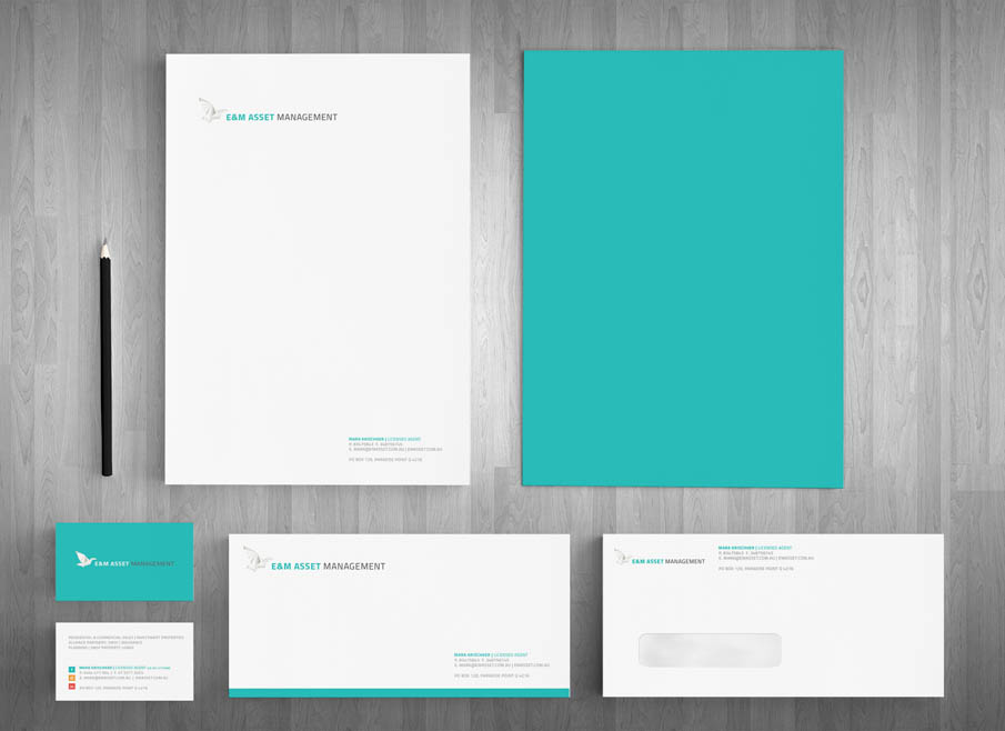 E & M Asset Management Gold Coast Logo, website and Letterhead and Stationary Design